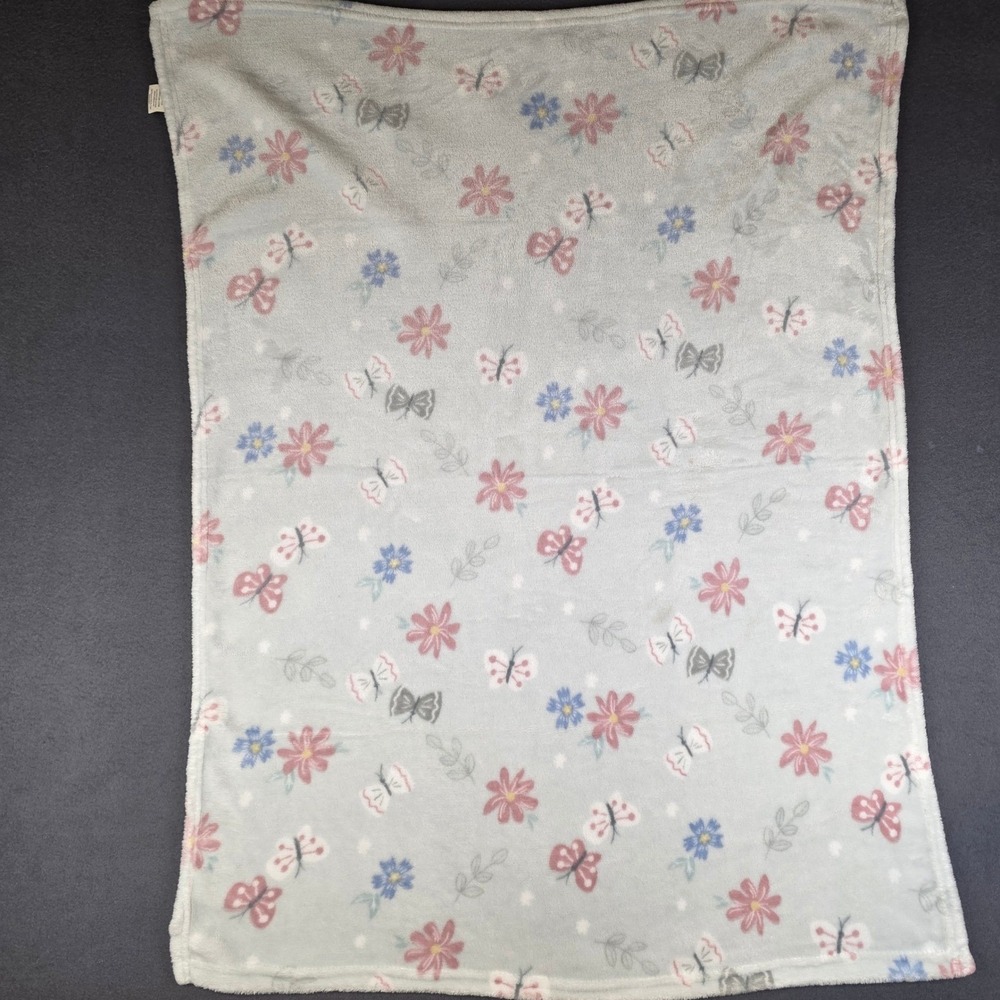 Little Beginnings Baby Blanket‎ Blue Gray Pink Butterfly Floral Plush Fleece